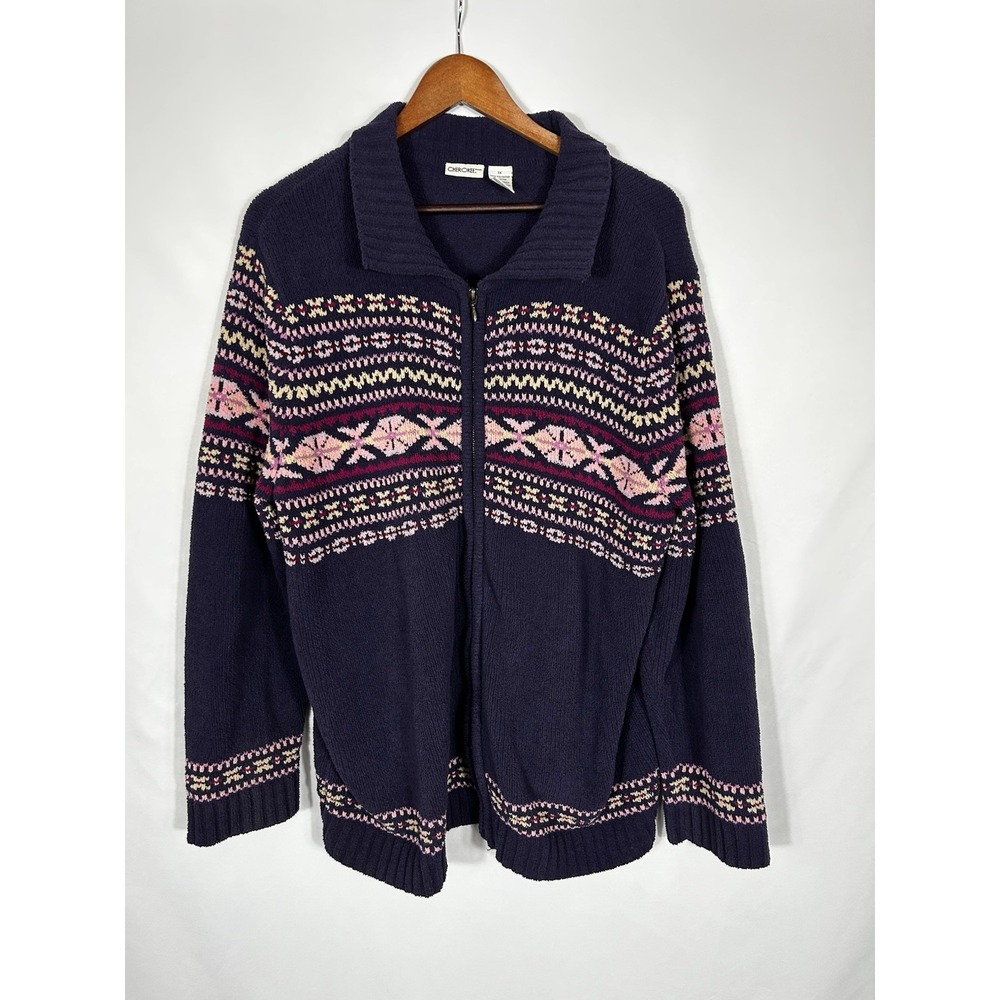 Cherokee Full Zip Cardigan Jacket 1X Purple Fair Isle Sweater Nordic Cozy Ski